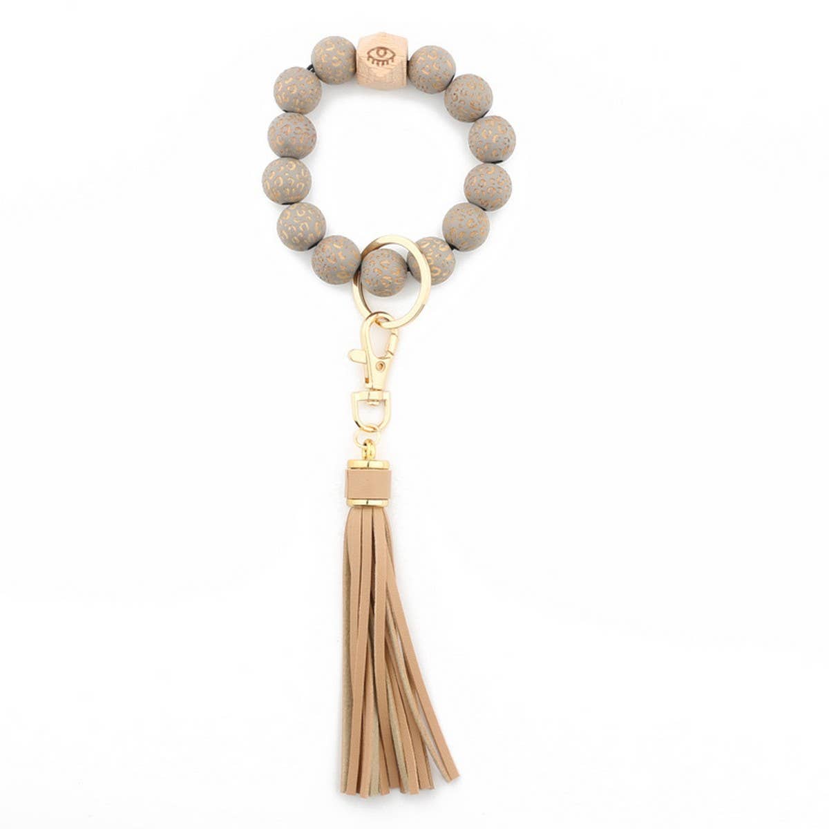 Leopard Wood Bead Bracelet Keychain with Tassel