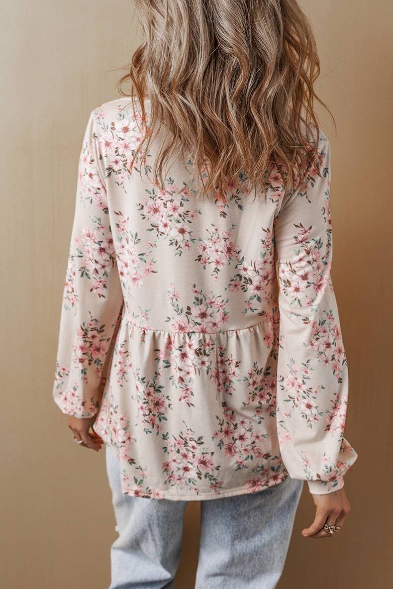 U-NECK FLORAL PRINT PLEATED LONG-SLEEVED TOP