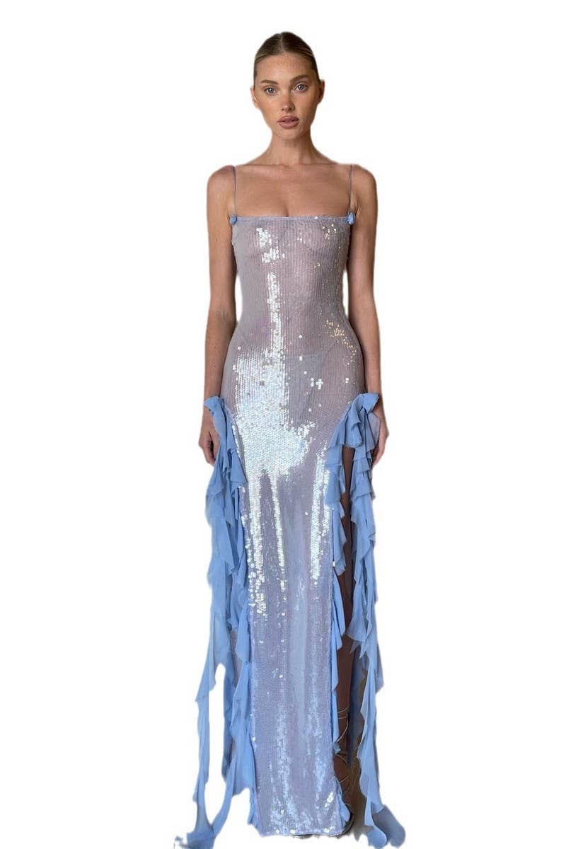 CWDMD5619_SEXY SHEER SEQUIN RUFFLE FLORAL MAXI SLIP DRESS