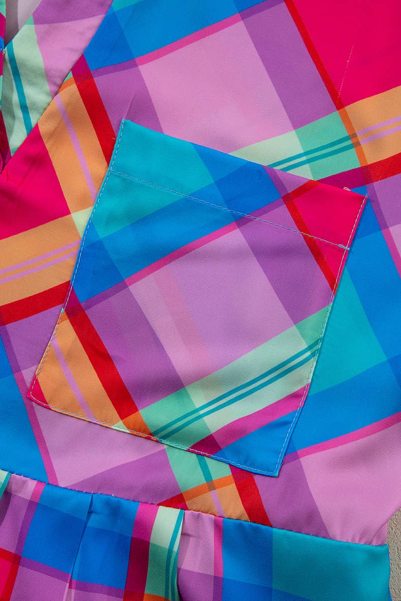 LOOSE COLORED PLAID SHORT-SLEEVED DRESS