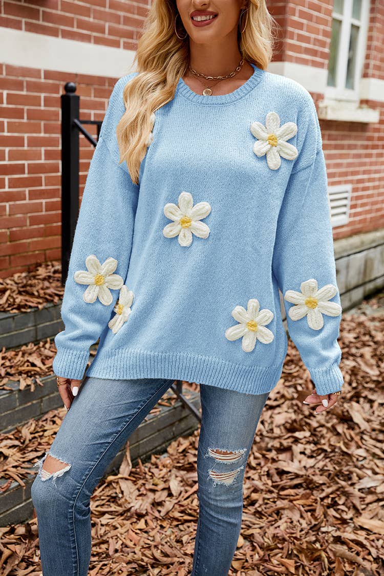 SLOUCHY ROUND NECK FLOWER STEREO CROCHET SWEATER