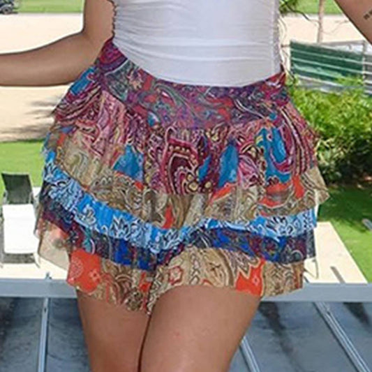 Vintage High Waist Ruffle Print Mini Skirt
