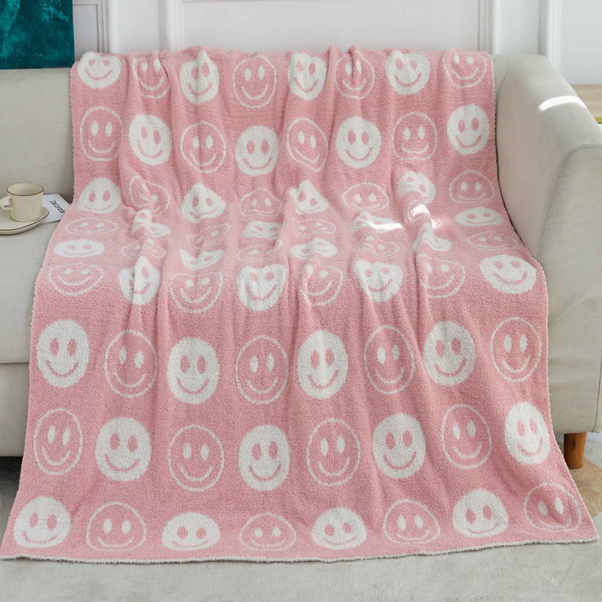 SMILEY FACE KNITTED JACQUARD THROW BLANKET_CWMM1474