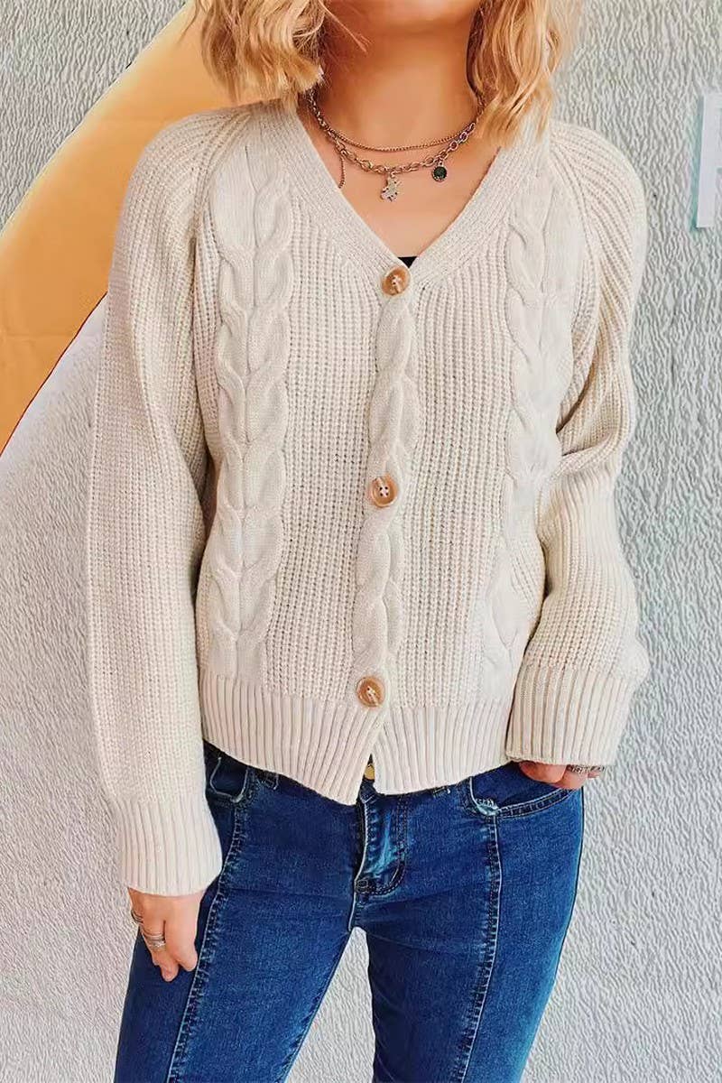 V-neck thick needle hemp flower short cardigan