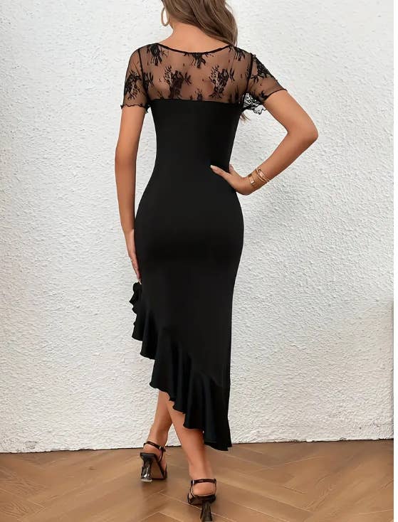 Sexy lace pullover with long short-sleeved dress