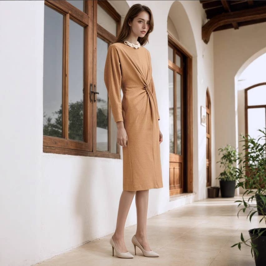 Retro-style round-neck twisted knitted dress