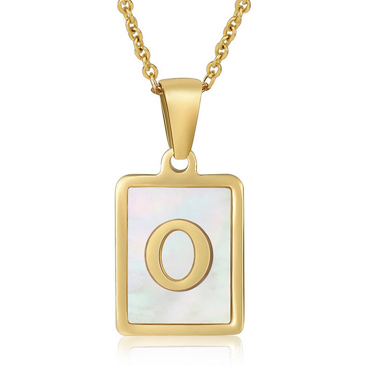 CWAJE1917_Square Stainless Steel White Shell Letter Necklace