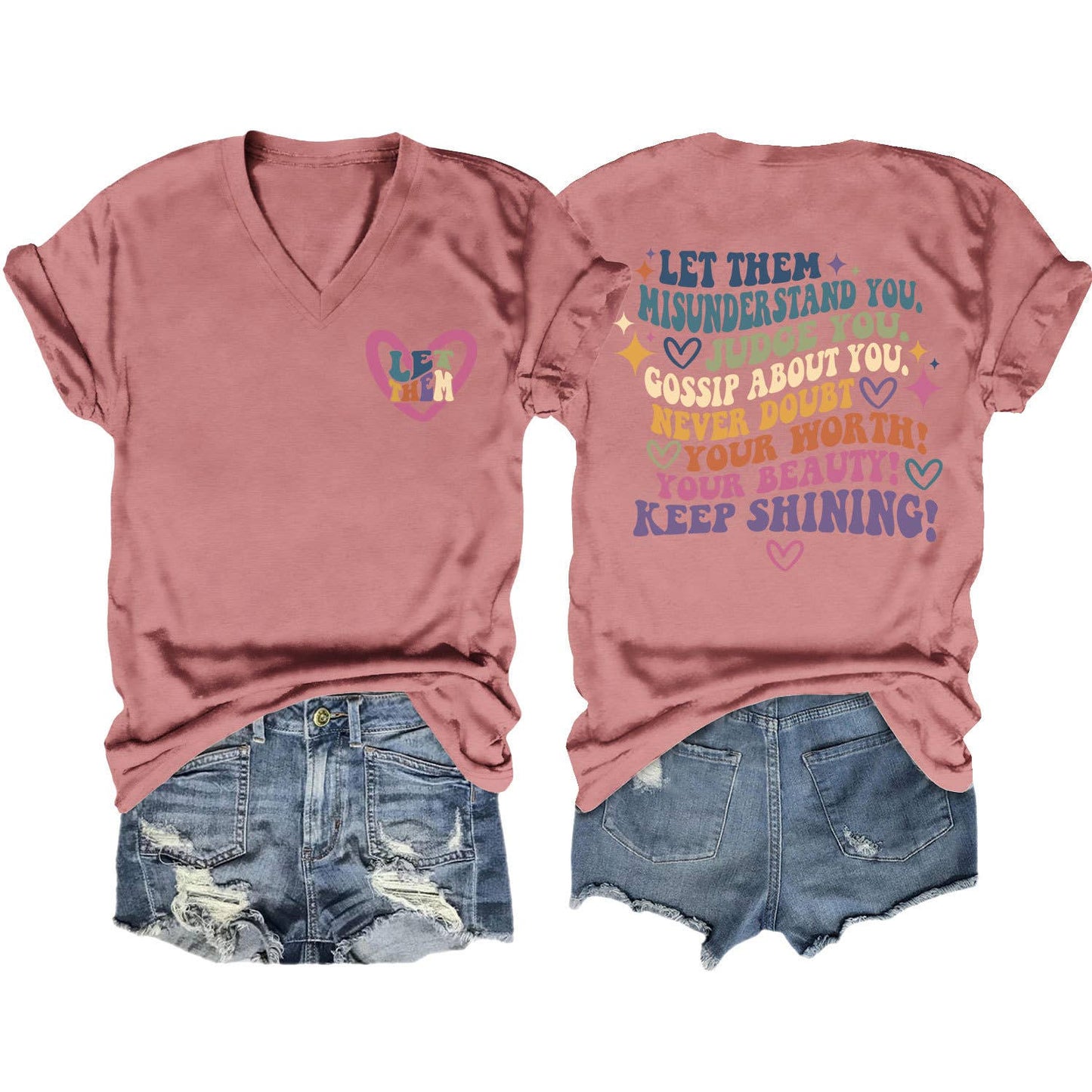 V-neck and fun letters Elegant women's T-shirt