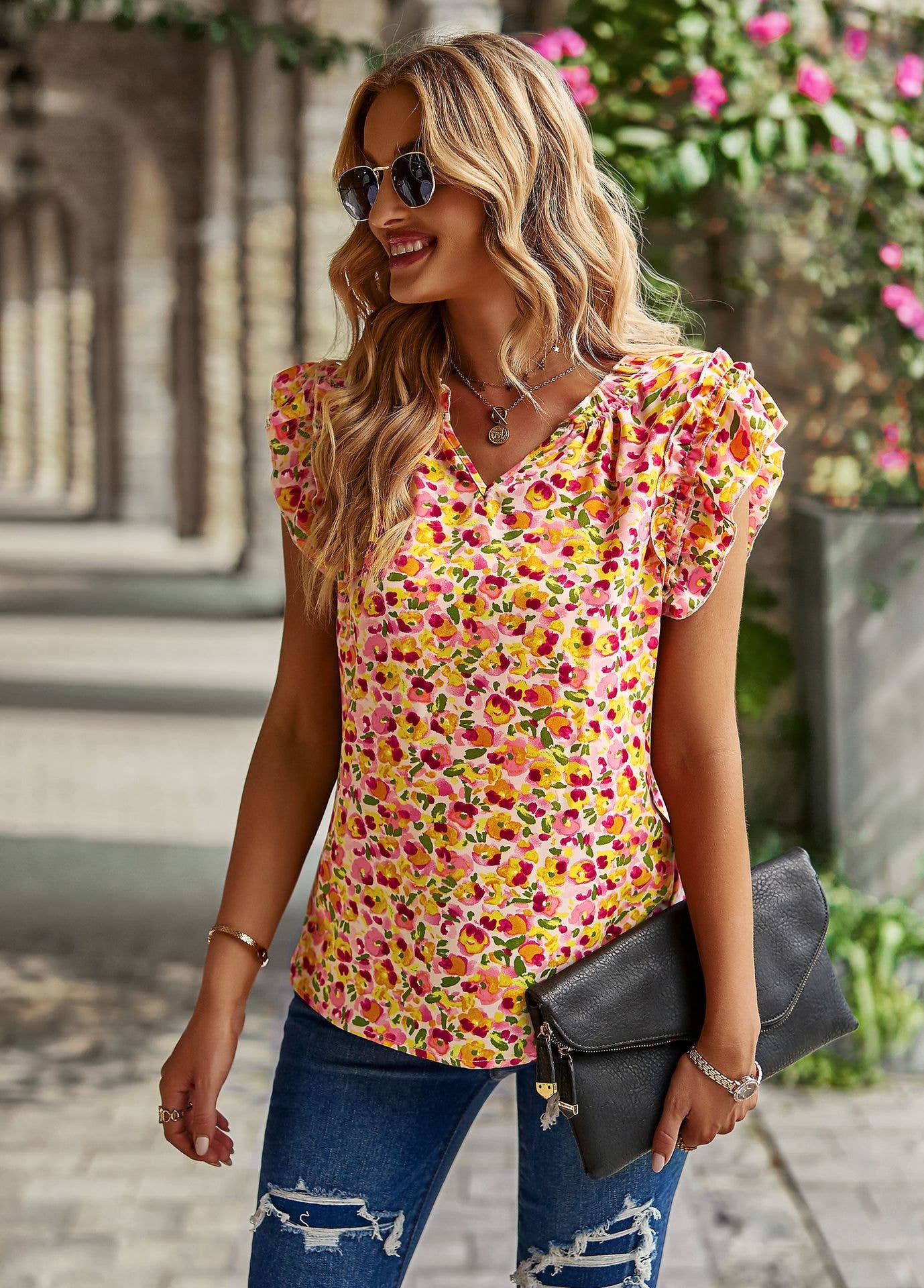 STYLISH V-NECK FLORAL BLOUSE