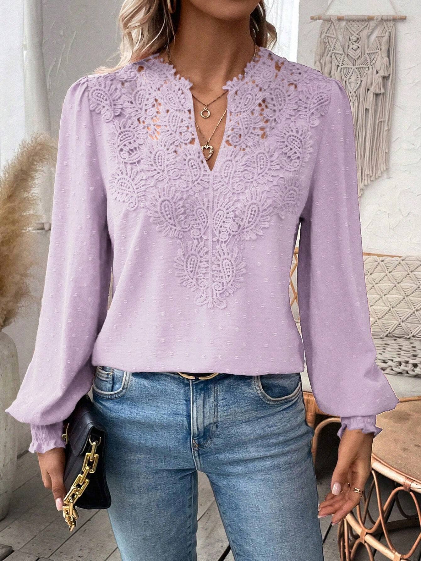 Fashion V-neck lace long sleeve casual T-shirt