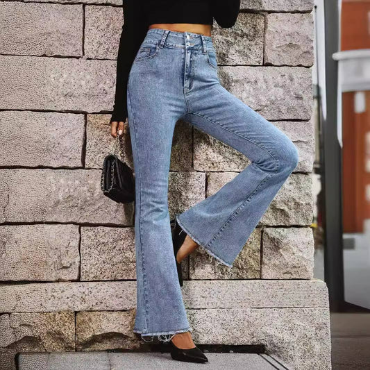 Micro horn stretch framed washed denim trousers