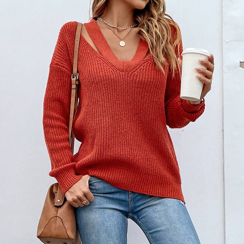 Solid color V-neck pullover sweater