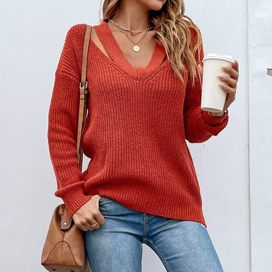 Solid color V-neck pullover sweater