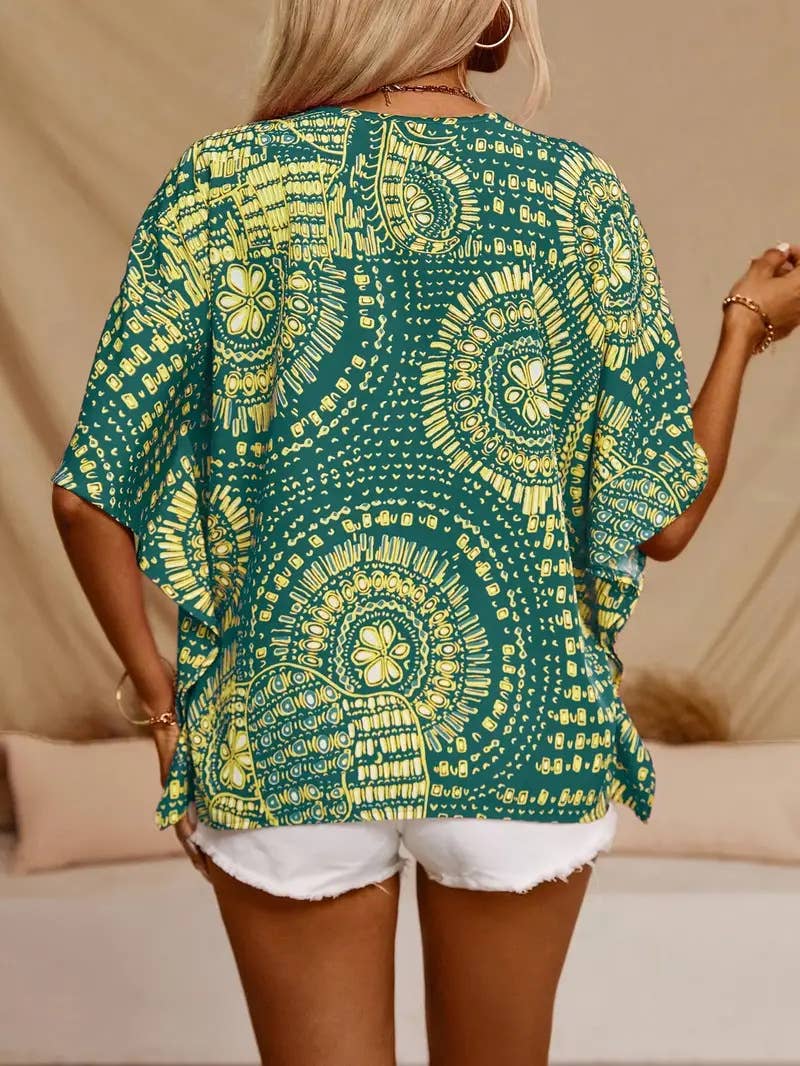 V-neck printed resort-style batsleeved top