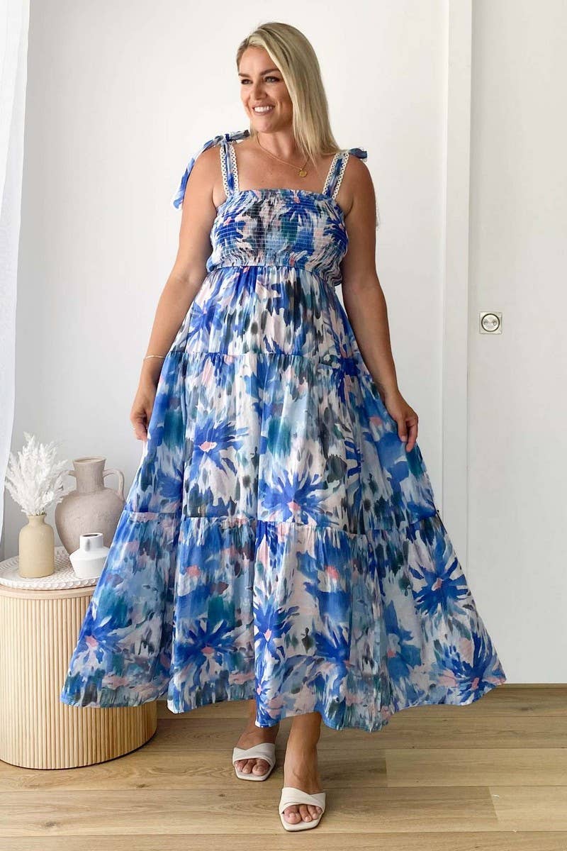 CWDMD5611_SPAGHETTI STRAP FLORAL SMOCKED WAIST MAXI DRESS