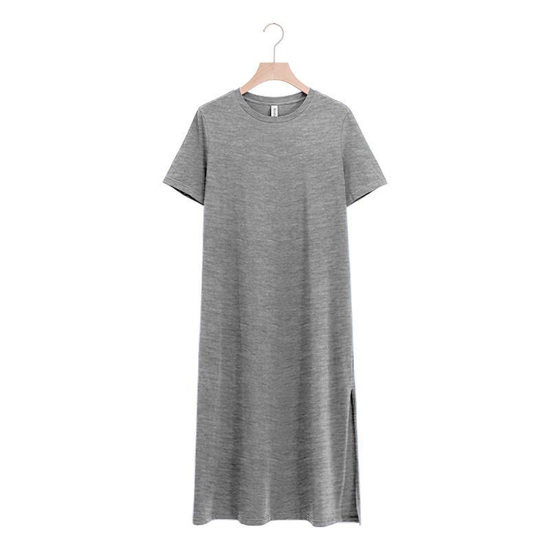 Solid color short-sleeved long cotton split dress