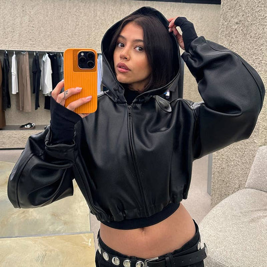 STREET PU LEATHER HOODED SHORT LOOSE COAT