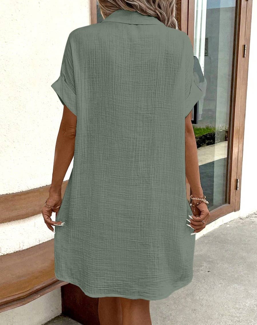 Simple loose V-neck single breasted solid color shirt dress