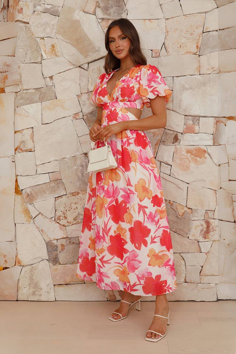 Sexy slim waist hollow V-neck print long swing dress