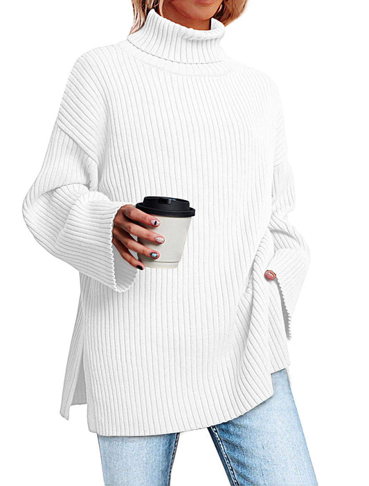 SPLIT TURTLENECK SOLID COLOR RIB KNIT SWEATER