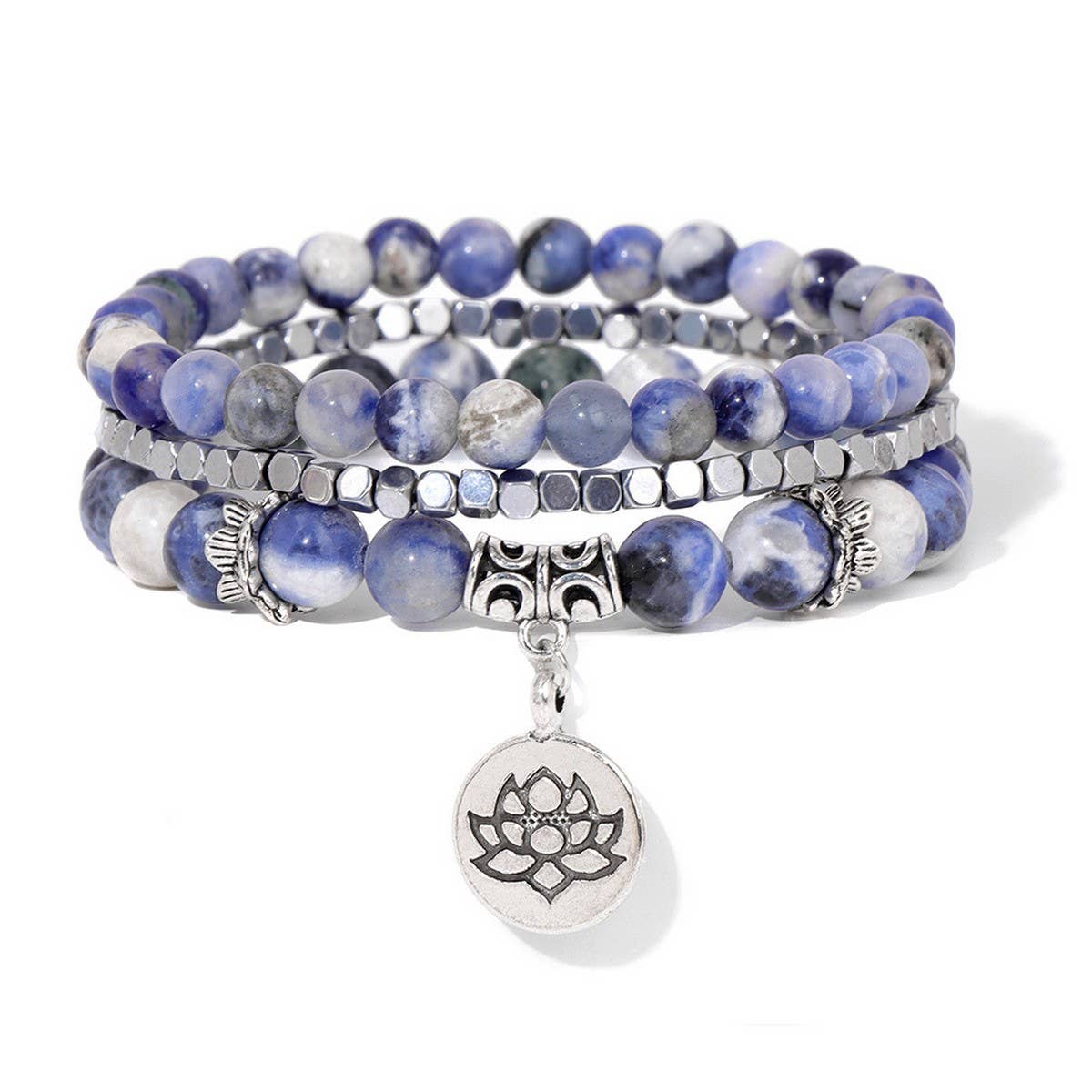 CWAJE4221_NATURAL STONE LOTUS PENDANT THREE-LAYER BRACELET