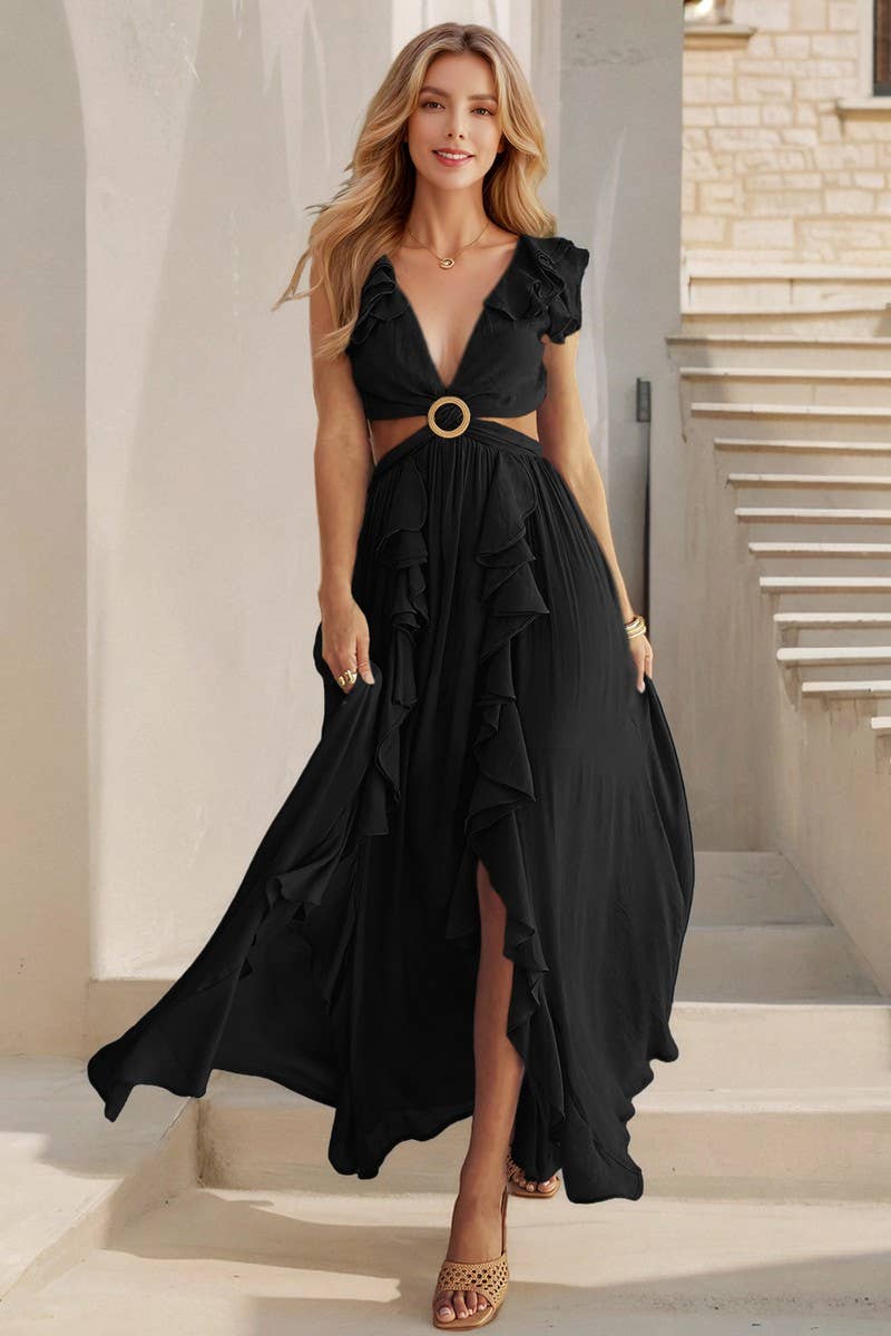 CWDMD6124_BOHEMIAN VACATION V-NECK RUFFLE SLIT MAXI DRESS