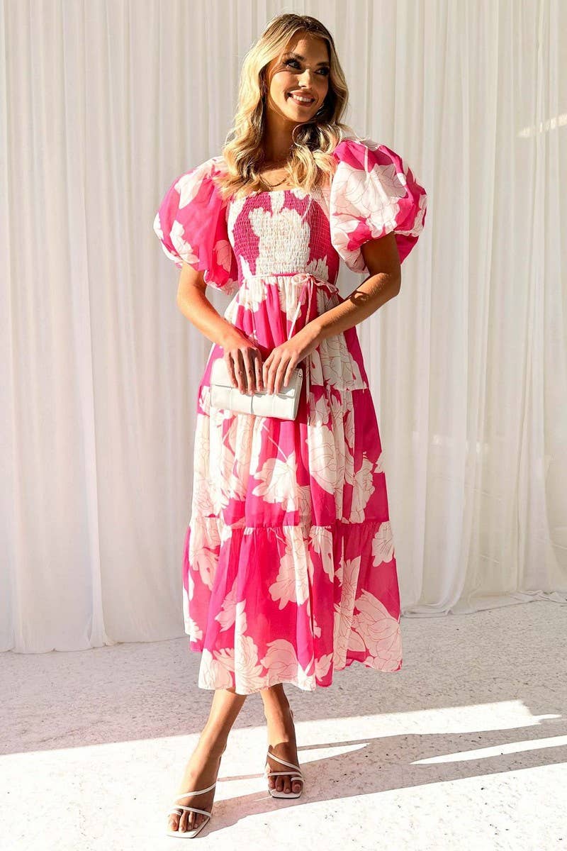 One line shoulder puffed up sleeve waist big swing longdress