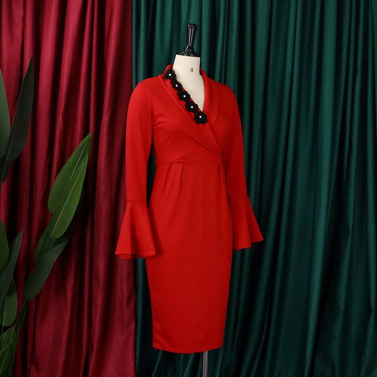 V-NECK ELEGANT TRUMPET SLEEVE SLIT HIP DRESS