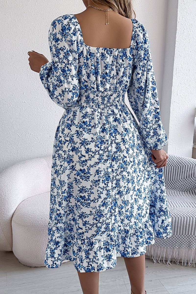 CWDMD6025_FLORAL SQUARE NECK LONG SLEEVE RUFFLE DRESS
