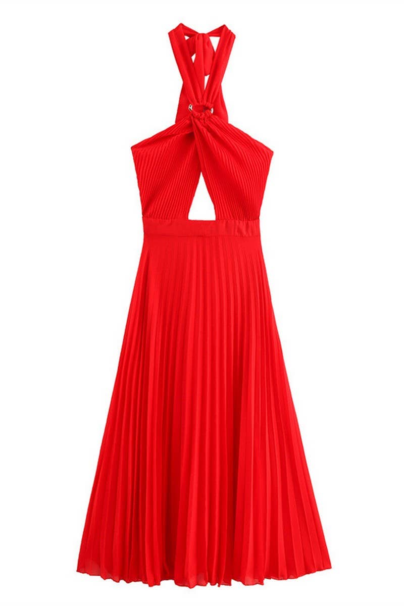 CWDHL0632_SLIM FIT SMALL PLEATED HALTER NECK LONG DRESS