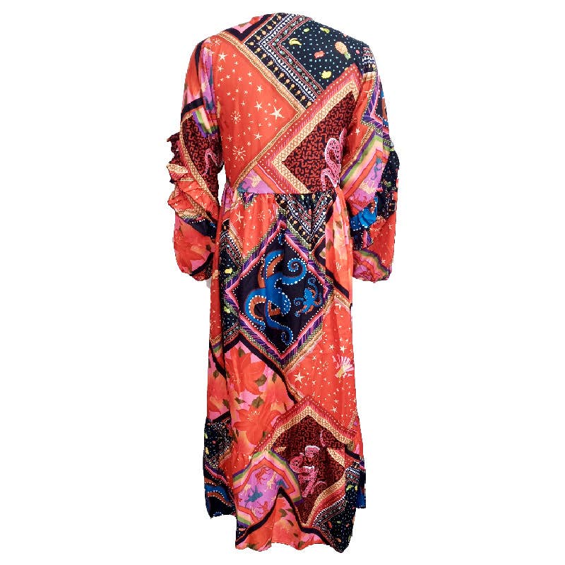 V-neck long-sleeved Bohemian-style long dress