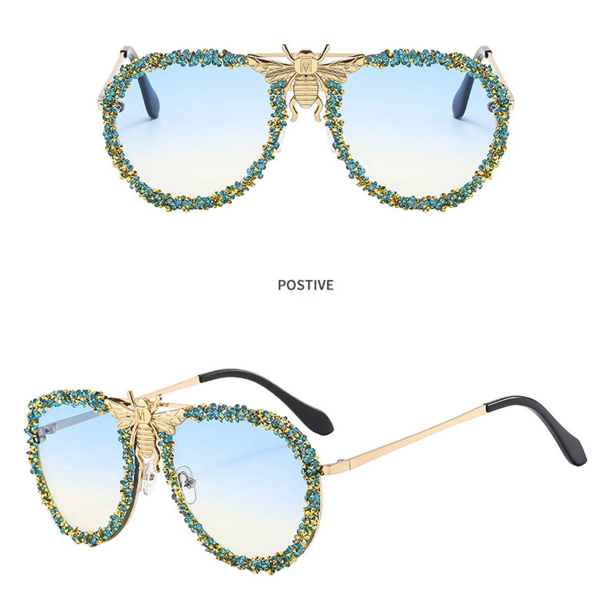 DIAMOND-STUDDED RETRO METAL LARGE FRAME SUNGLASSES