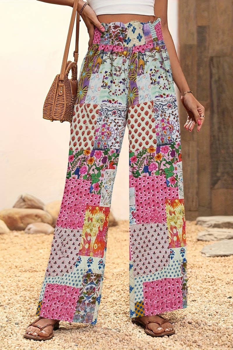 CWBLP2072_HIGH WAIST FLORAL FLARED DRAPED SUMMER PANTS