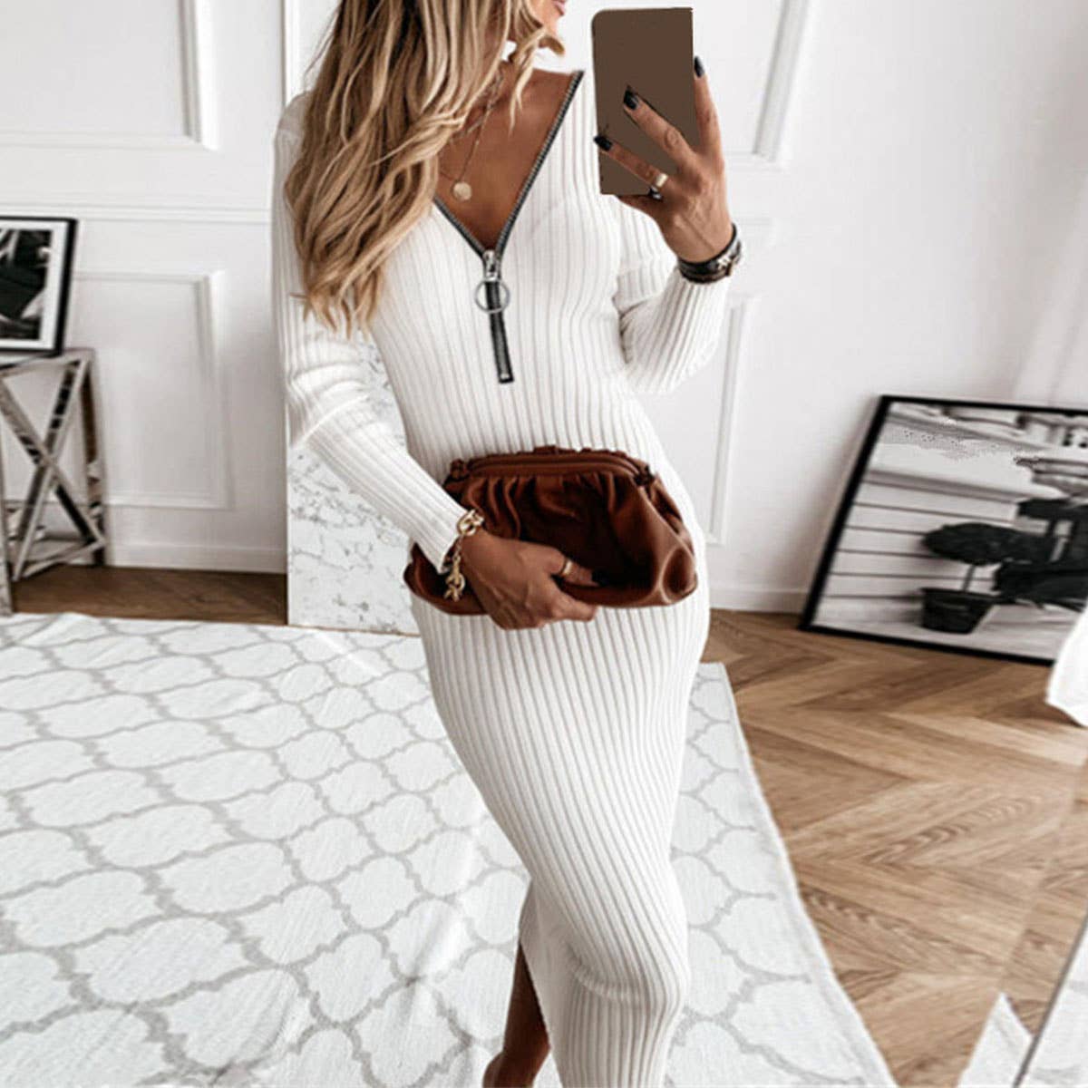 SLIM-FIT ZIP-UP V-NECK PIT STRIP DRESS