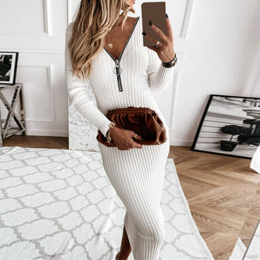 SLIM-FIT ZIP-UP V-NECK PIT STRIP DRESS