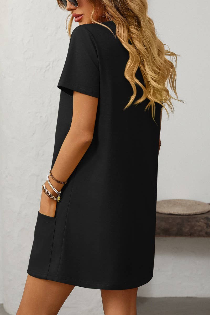 CWDSD7257_SOLID COLOR SQUARE NECK POCKET SHORT SLEEVE DRESS