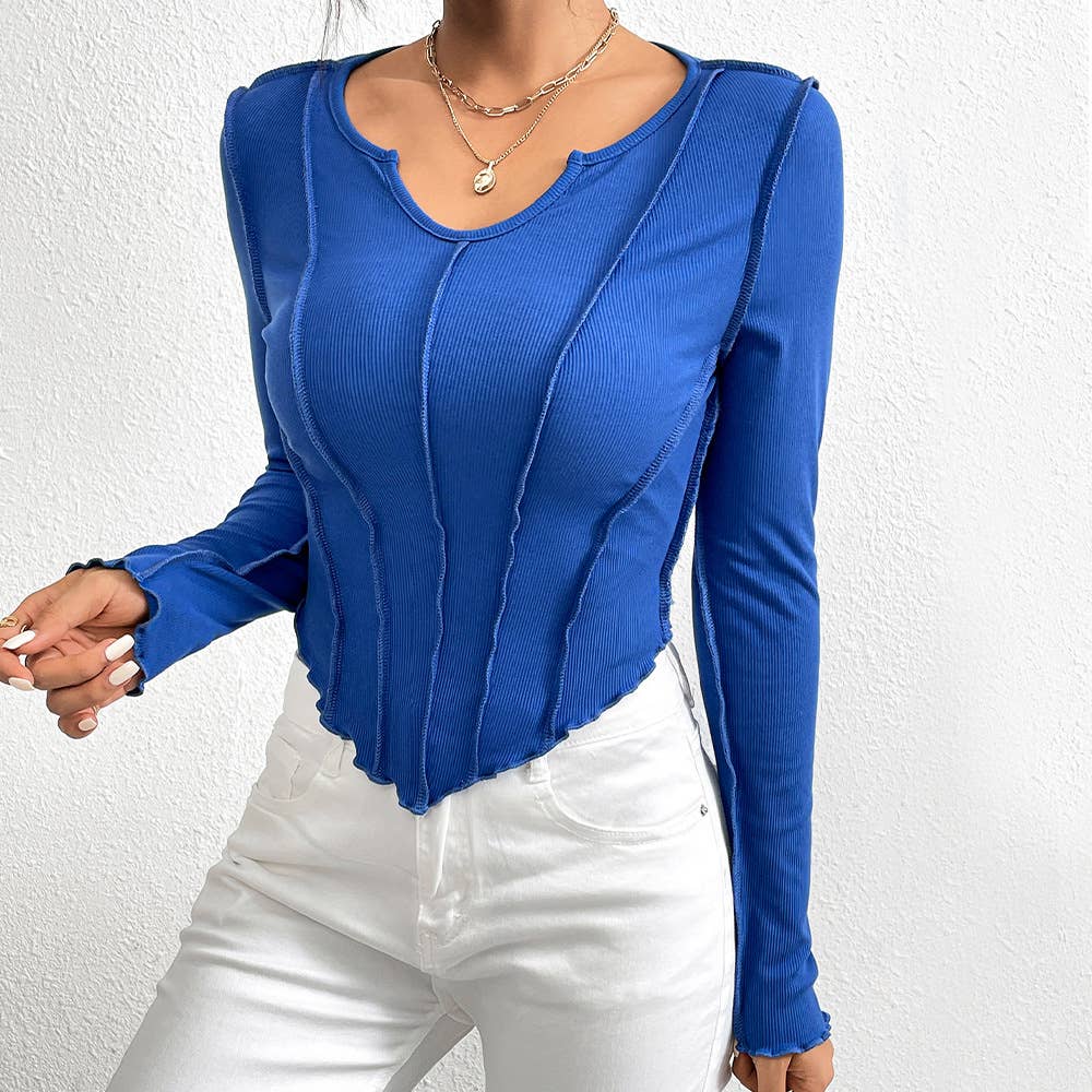 SLIM V-NECK IRREGULAR KNIT LONG-SLEEVED T-SHIRT