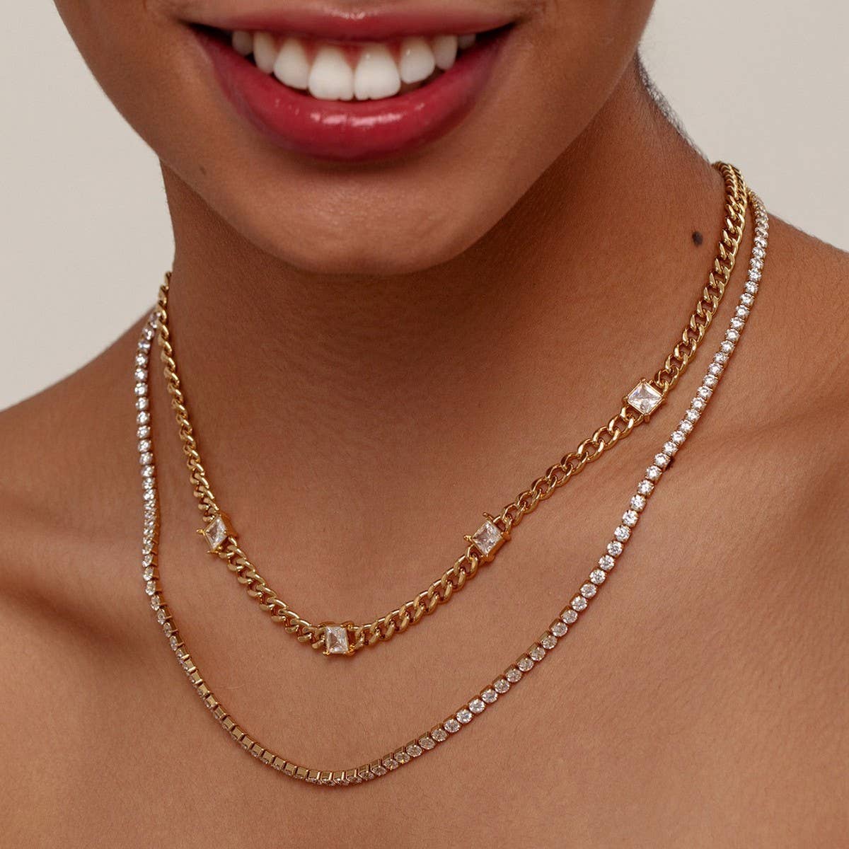 FASHION CUBAN CHAIN ZIRCONIA DOUBLE LAYER NECKLACE_CWMM3641