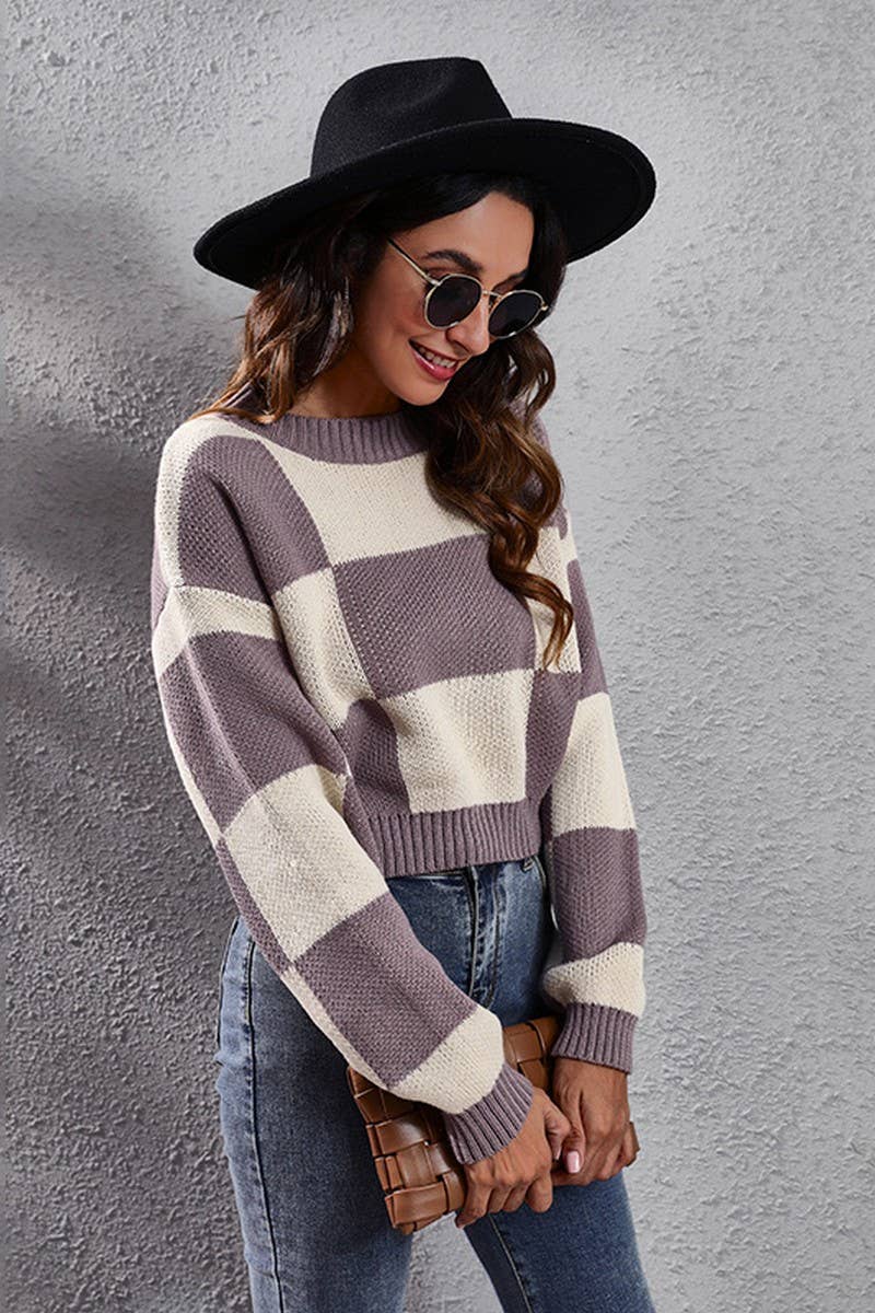 WOMEN RIBBED CREWNECK LONG SLEEVE PLAID SWEATER_CWOSWL1441