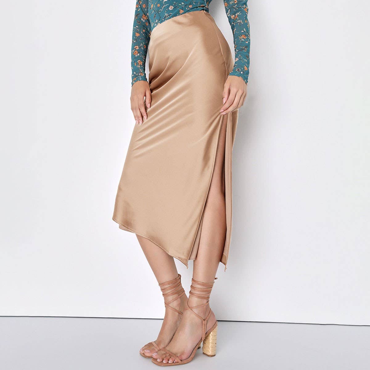 SATIN SKIRT ASYMMETRIC HIGH WAIST MAXI SKIRT