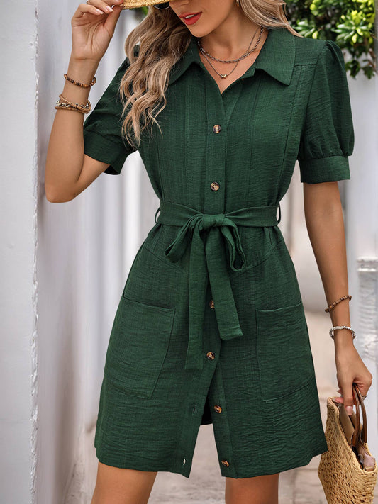 Textured short sleeve dress with lapel and belt