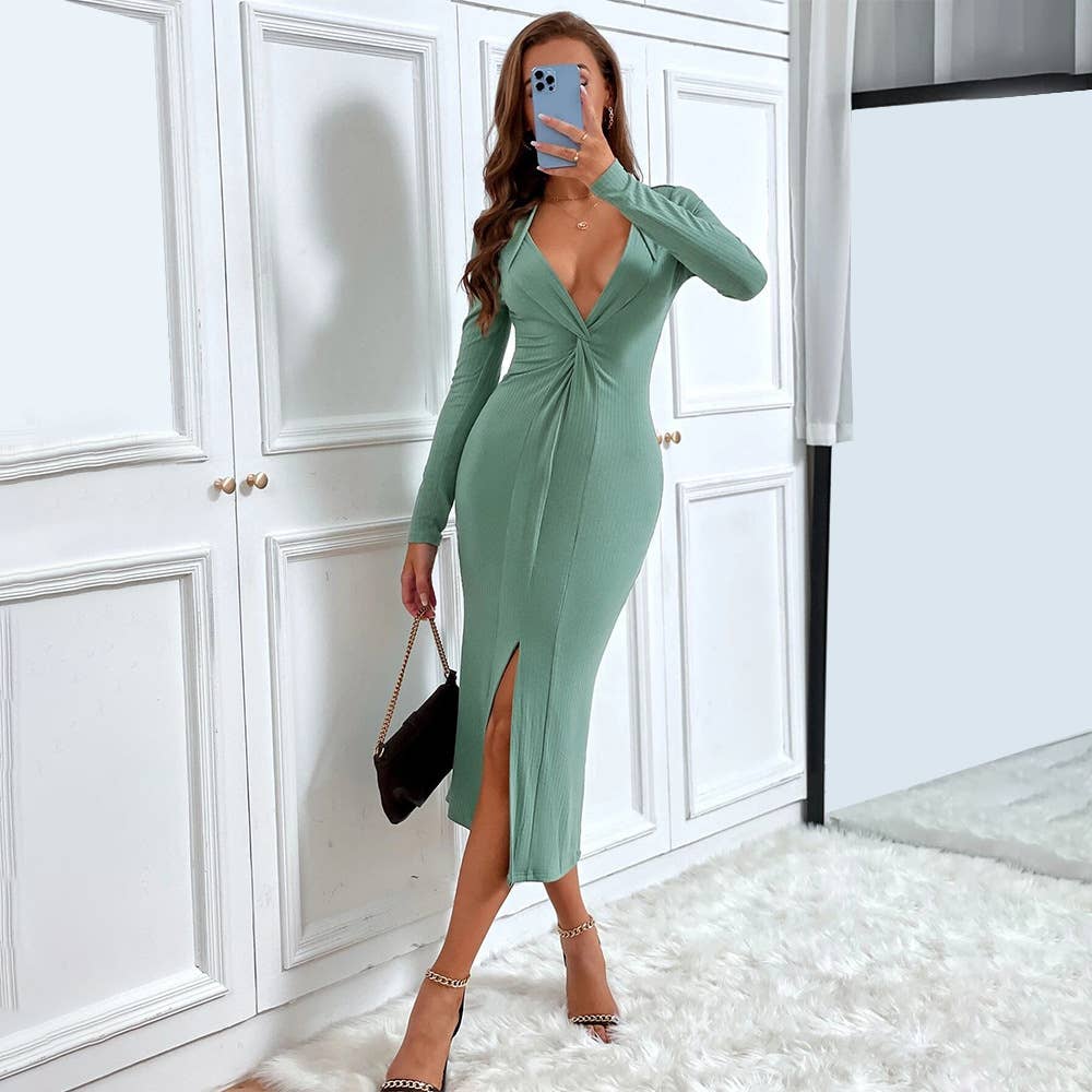 SLIT SLIM DRESS WITH DEEP V-NECK AND LONG SLEEVES