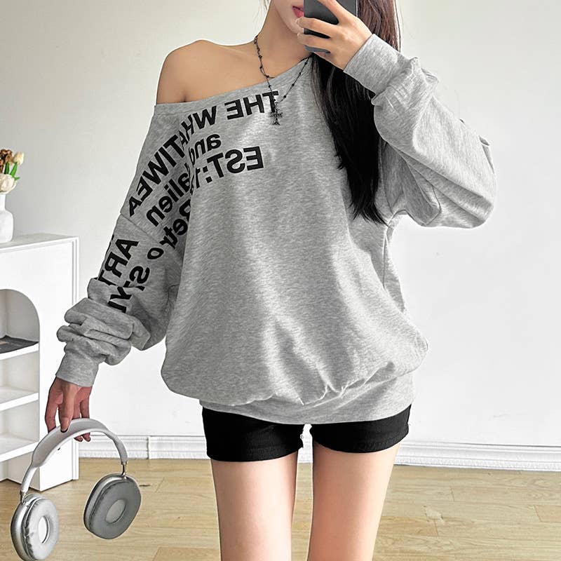 SLANT SHOULDER LETTER-PRINT LOOSE PULLOVER HOODIE