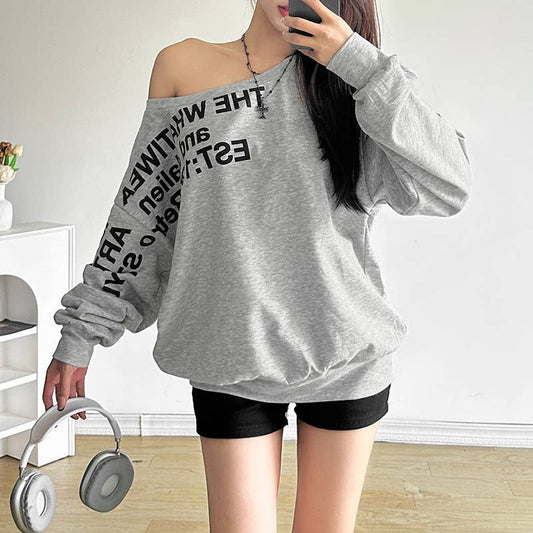 SLANT SHOULDER LETTER-PRINT LOOSE PULLOVER HOODIE
