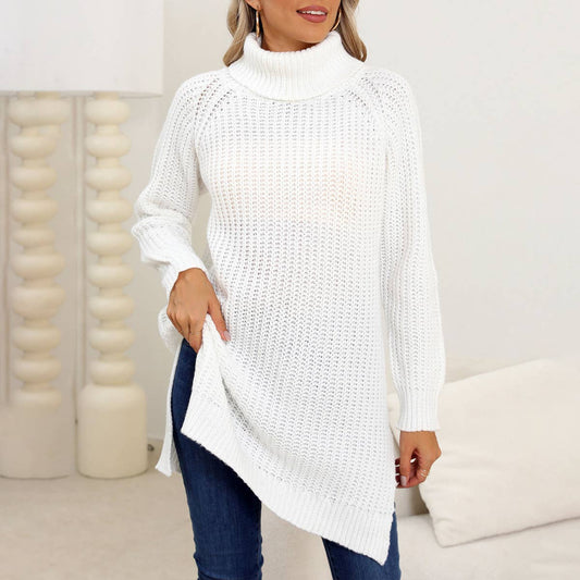THICK SWEATER TURTLENECK SIMPLE SLIT DRESS
