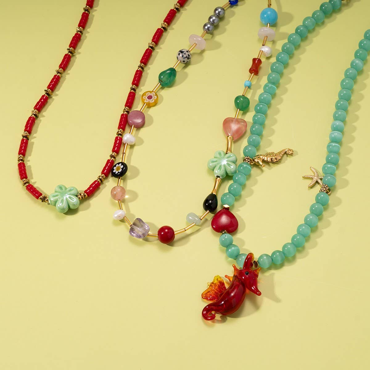 Colorful Gem Seahorse Starfish Pendant Necklace