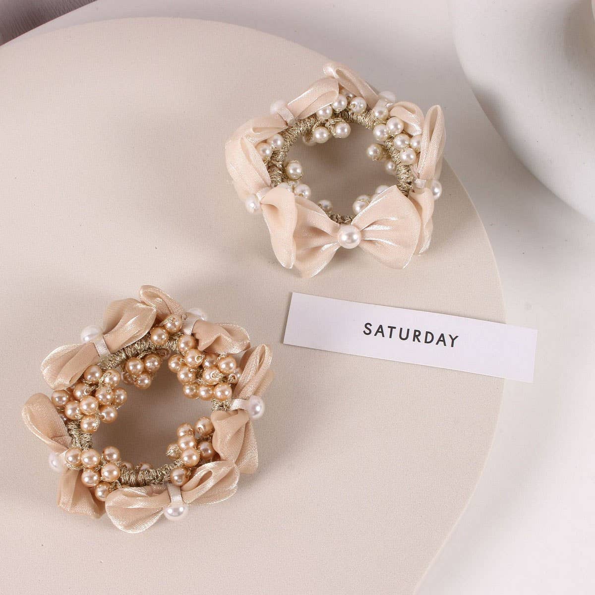 Elegant Pearl Satin Bow Elastic Hair Tie