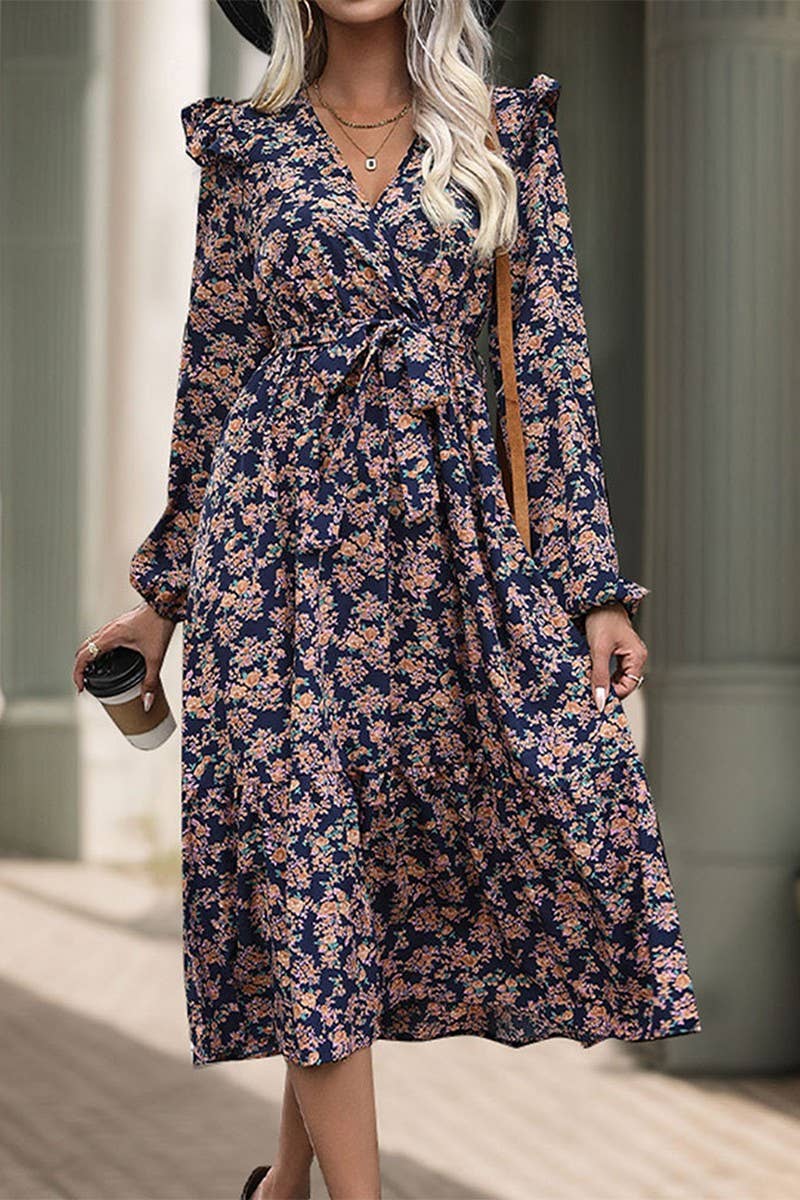 CWDMD4731_AUTUMN RUFFLE LONG SLEEVE PRINTED V-NECK DRESS
