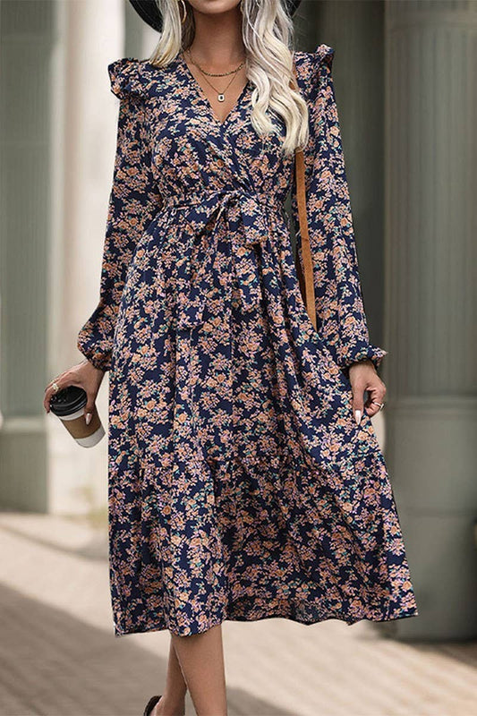 CWDMD4731_AUTUMN RUFFLE LONG SLEEVE PRINTED V-NECK DRESS