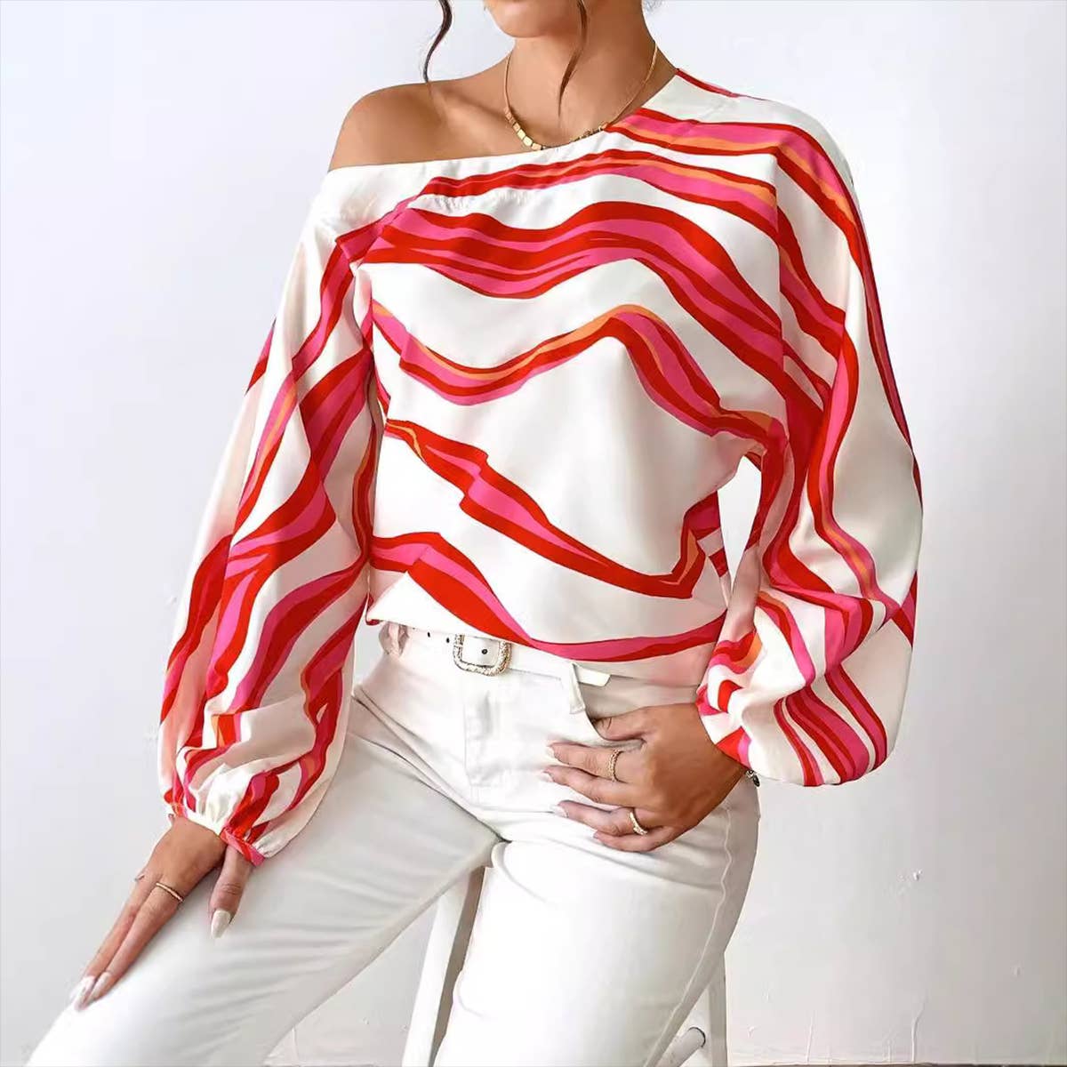 TEMPERAMENT OFF-THE-SHOULDER PRINT COLLAR SHIRT